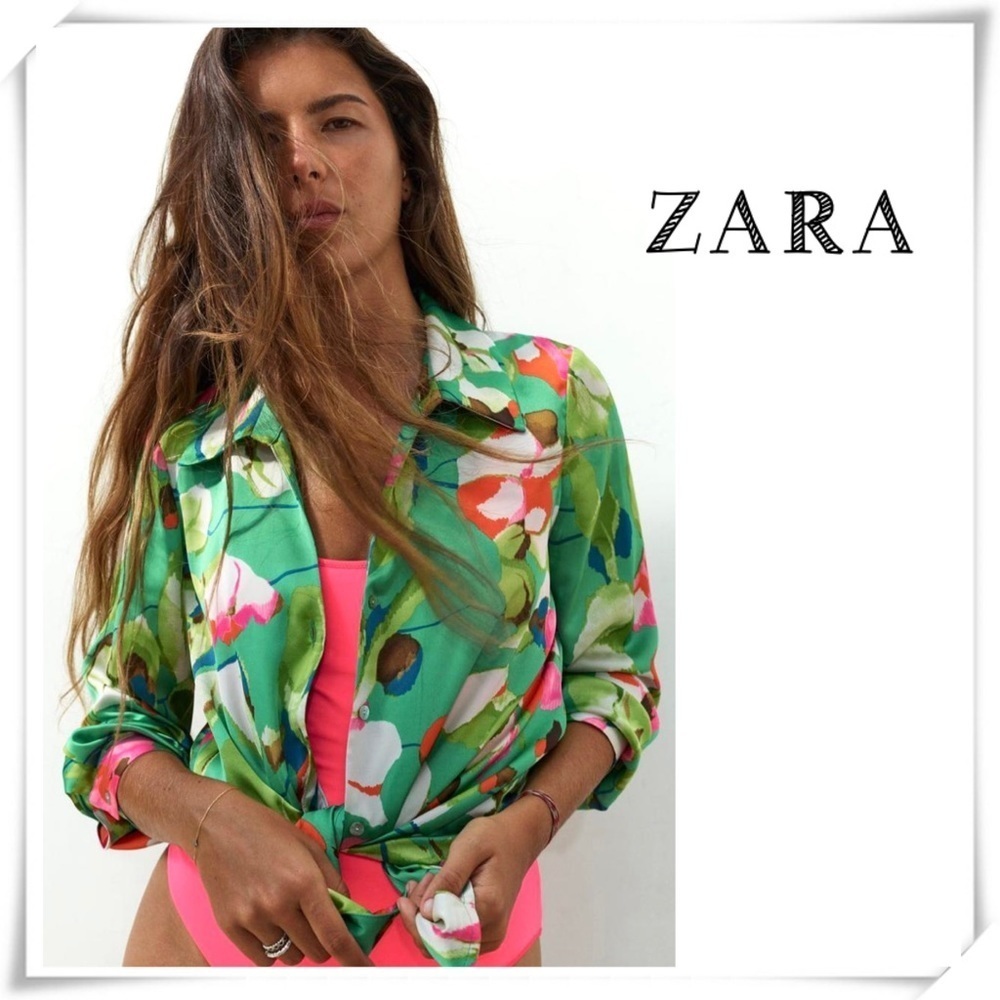 Zara Large Floral Silky Satin Blouse in Green Size M